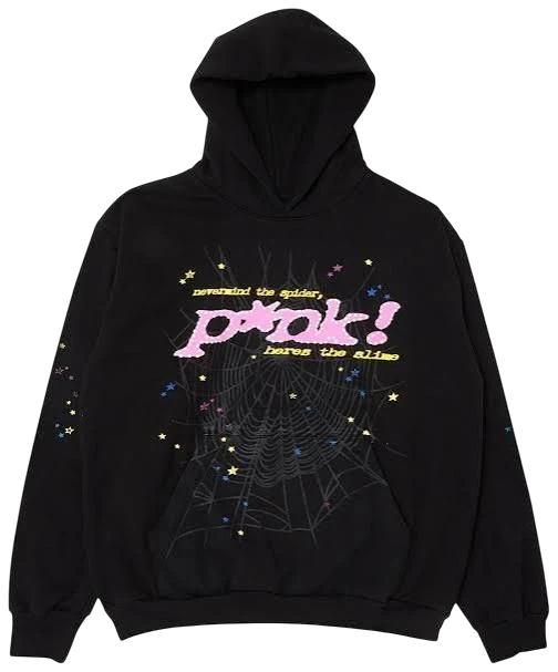 NOVAIRE Sydur black hoodie featuring a pink graphic, spiderweb design, and colorful star accents.