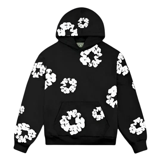NOVAIRE black hoodie featuring a repeating white circular graphic pattern and a front kangaroo pocket.