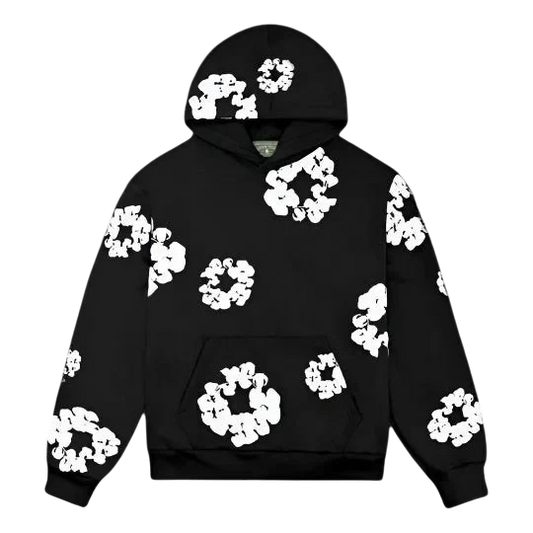 NOVAIRE black hoodie featuring a repeating white circular graphic pattern and a front kangaroo pocket.