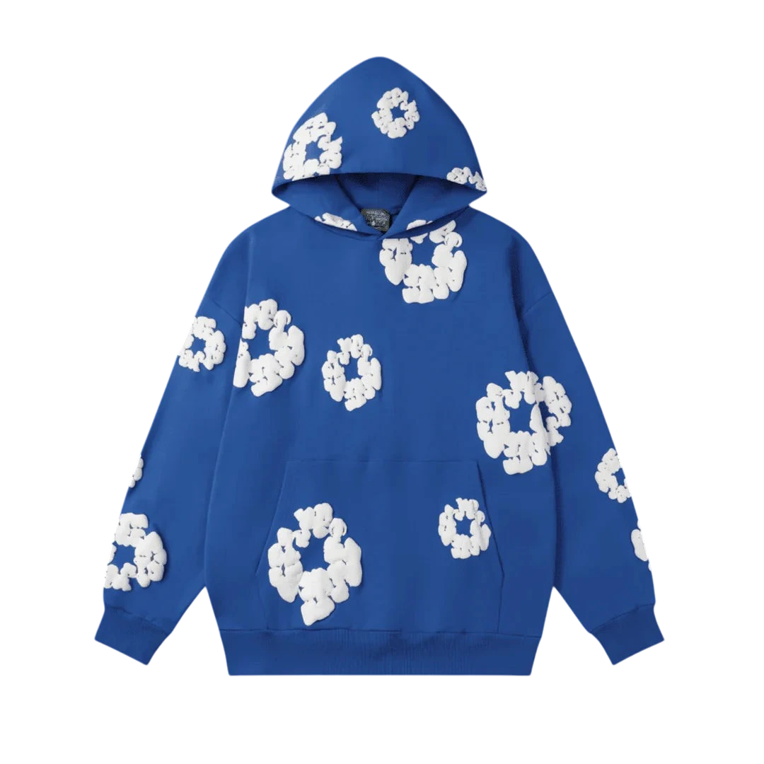 NOVAIRE blue hoodie featuring a white 3D textured floral pattern and a front kangaroo pocket.