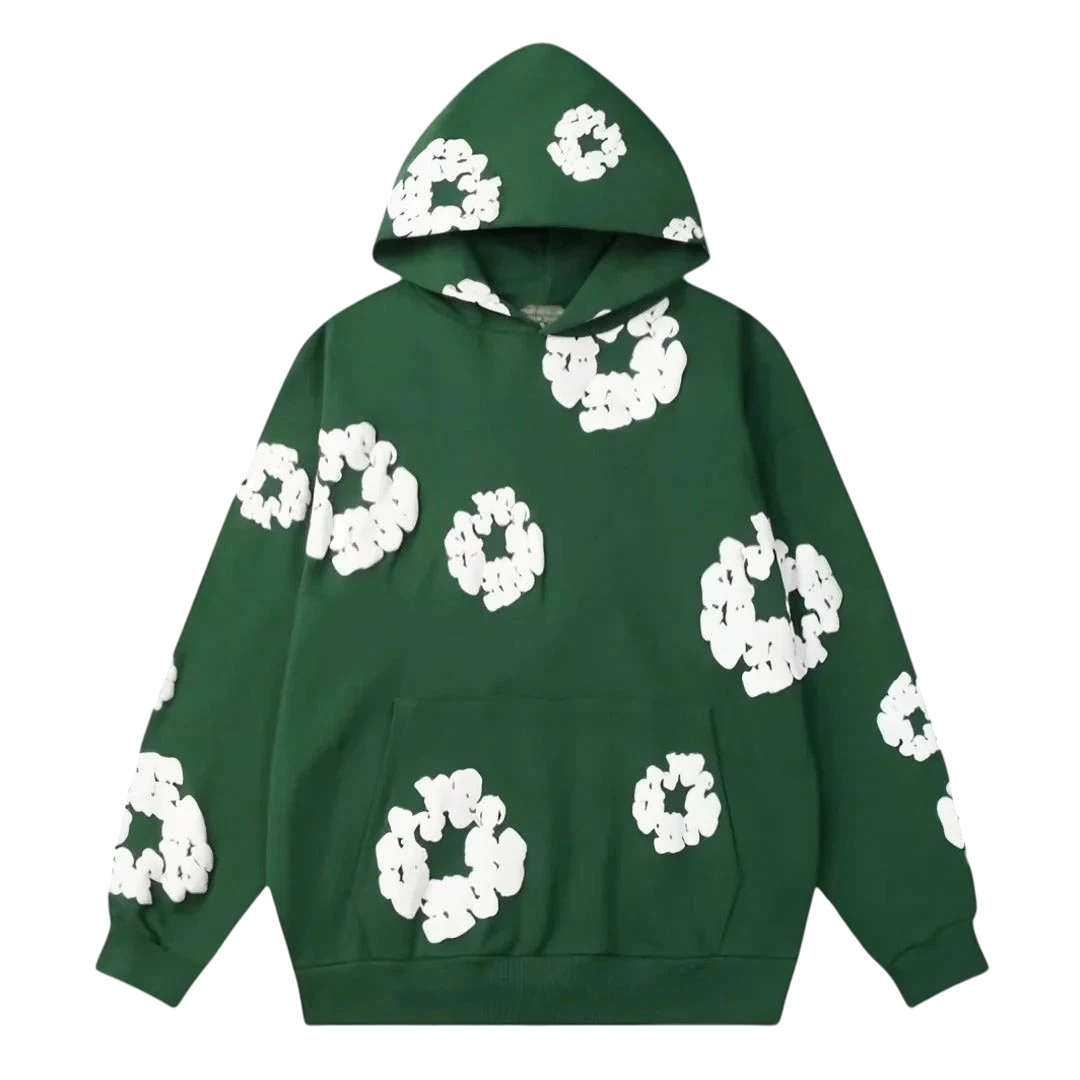 NOVAIRE green hoodie featuring a white abstract floral or cloud-like pattern throughout with a front kangaroo pocket.