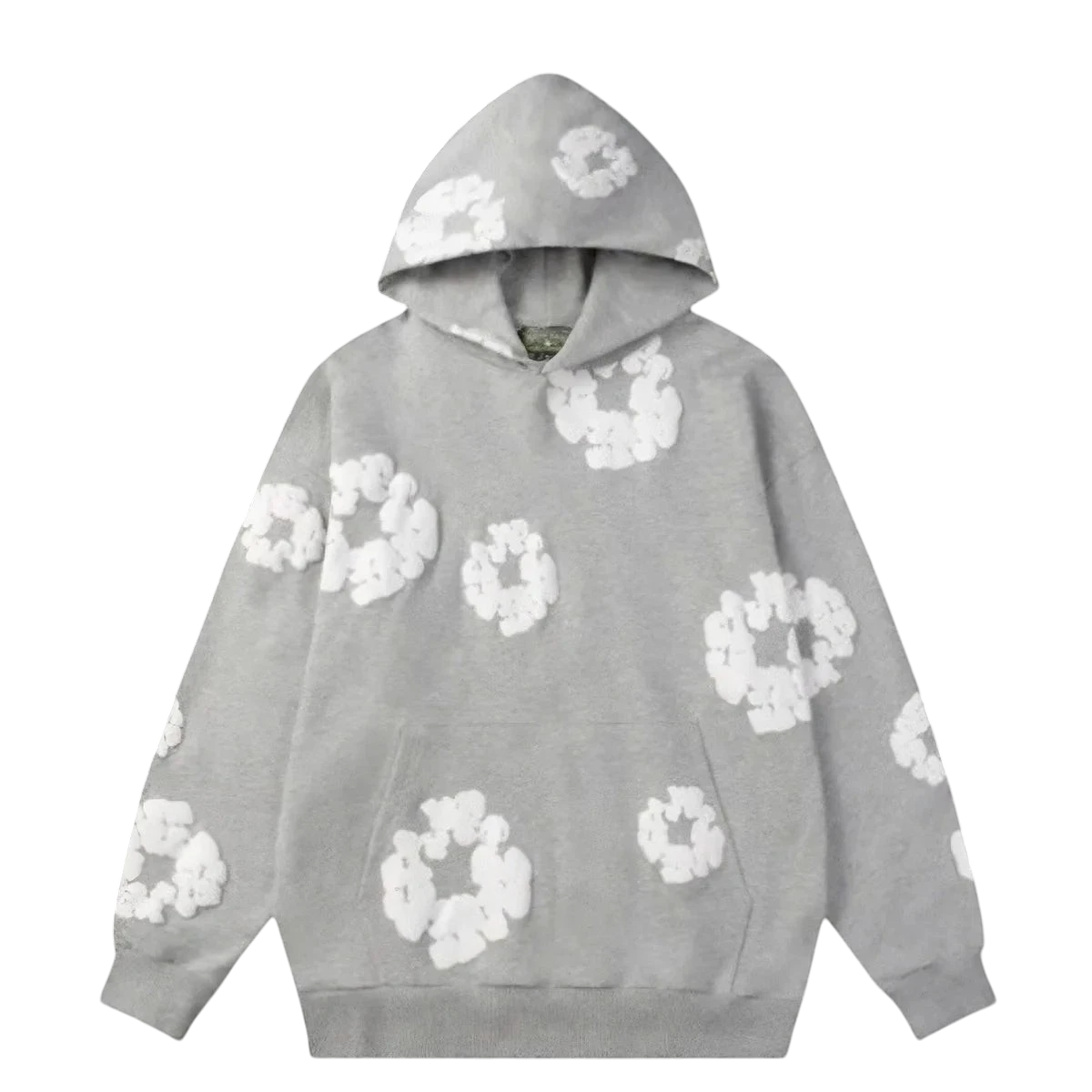 NOVAIRE grey hoodie featuring a textured white floral pattern, long sleeves, and a front kangaroo pocket.