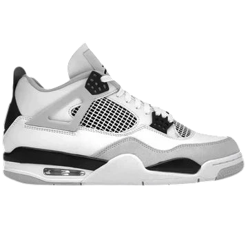 NOVAIRE Jordan 4 sneakers in white, grey, and black leather with signature mesh side panels and visible air unit