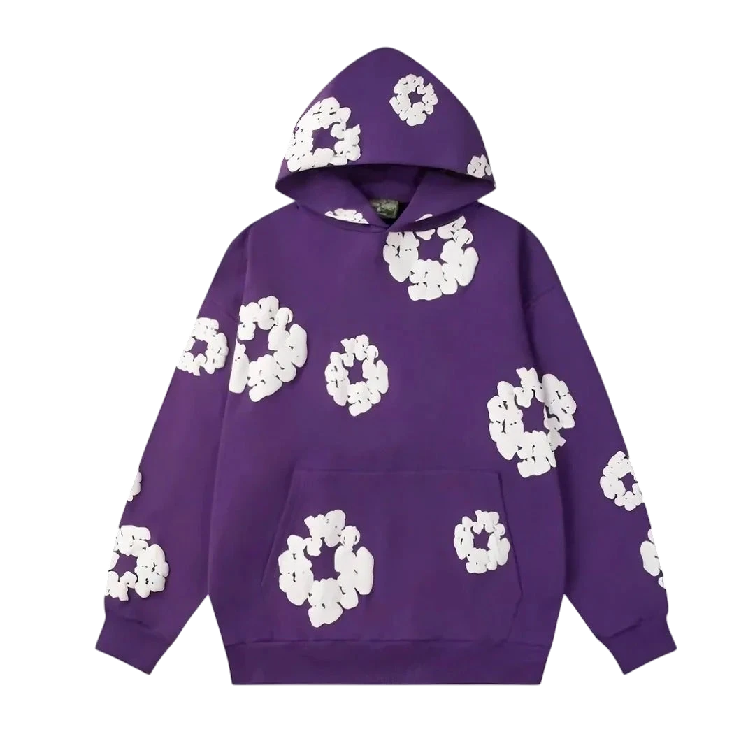 NOVAIRE purple hoodie featuring a white 3D floral pattern, hood, and front kangaroo pocket.