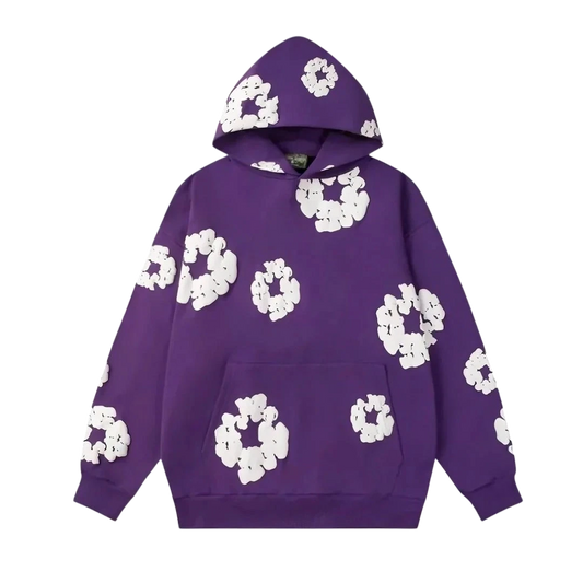 NOVAIRE purple hoodie featuring a white 3D floral pattern, hood, and front kangaroo pocket.