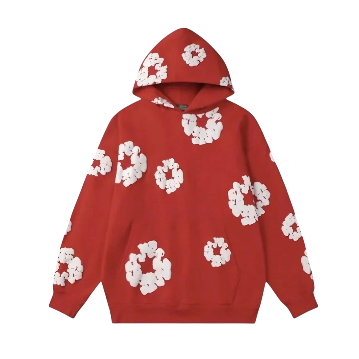 NOVAIRE red hoodie featuring a white floral or cloud-like pattern throughout with a front kangaroo pocket.