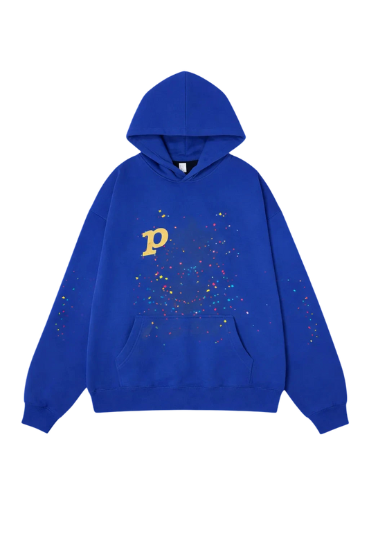 NOVAIRE Sydur hoodie in royal blue featuring a yellow letter P logo and colorful paint splatter graphic design.