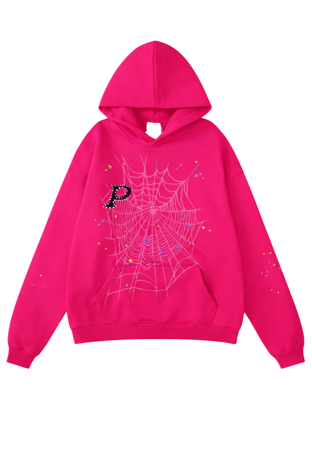 NOVAIRE Sydur hoodie in hot pink featuring a white spiderweb graphic, letter P patch, and colorful star accents.