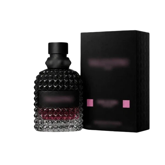 NOVAIRE V4lentino Donna Born In Roma Intense perfume bottle with signature rockstud glass and black box packaging.